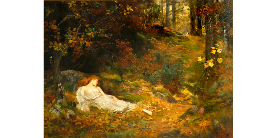 Arthur Trevethin Nowell (British, 1862-1940) The sleeping damsel (Una and the Lion) 30 1/2 x 40 1/2in