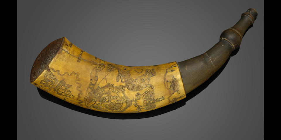 A fine French & Indian War era map powder horn by the 'Pointed Tree' carver