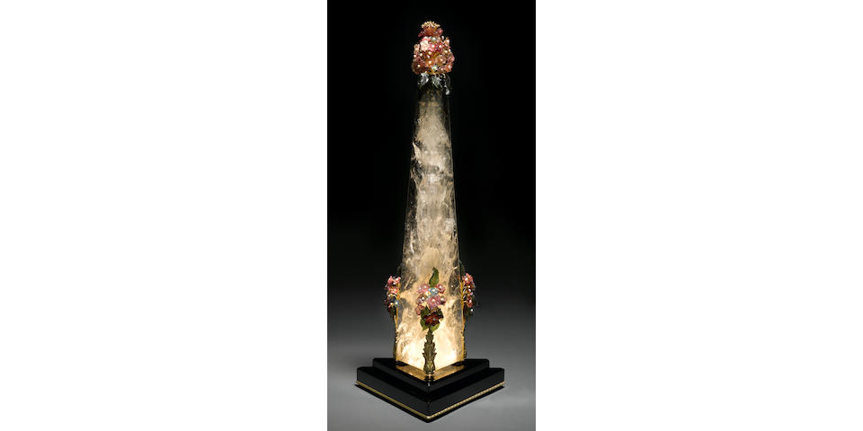 Spectacular Illuminated Rock Crystal, Gold and Multi-gemset Obelisk
