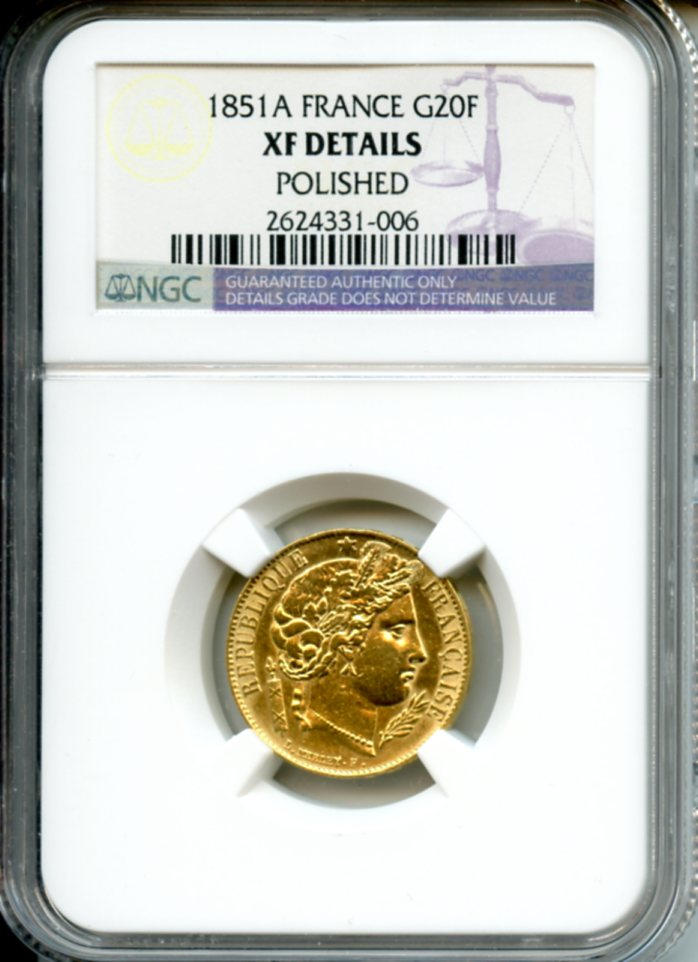France, Gold 20 Francs, 1851-A, XF Details - Polished NGC
