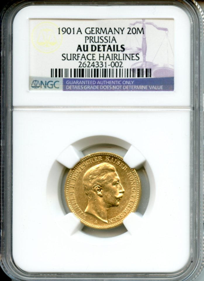 Germany, Prussia, Gold 20 Marks, 1901-A, AU Details - Surface Hairlines NGC