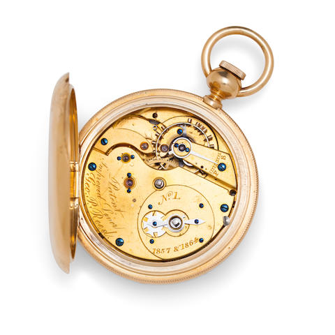 George P. Reed, Boston. An important 18K gold hunter case "Improved Lever" watchNo. 1, signed "Patent improved lever/1857 & 1864"
