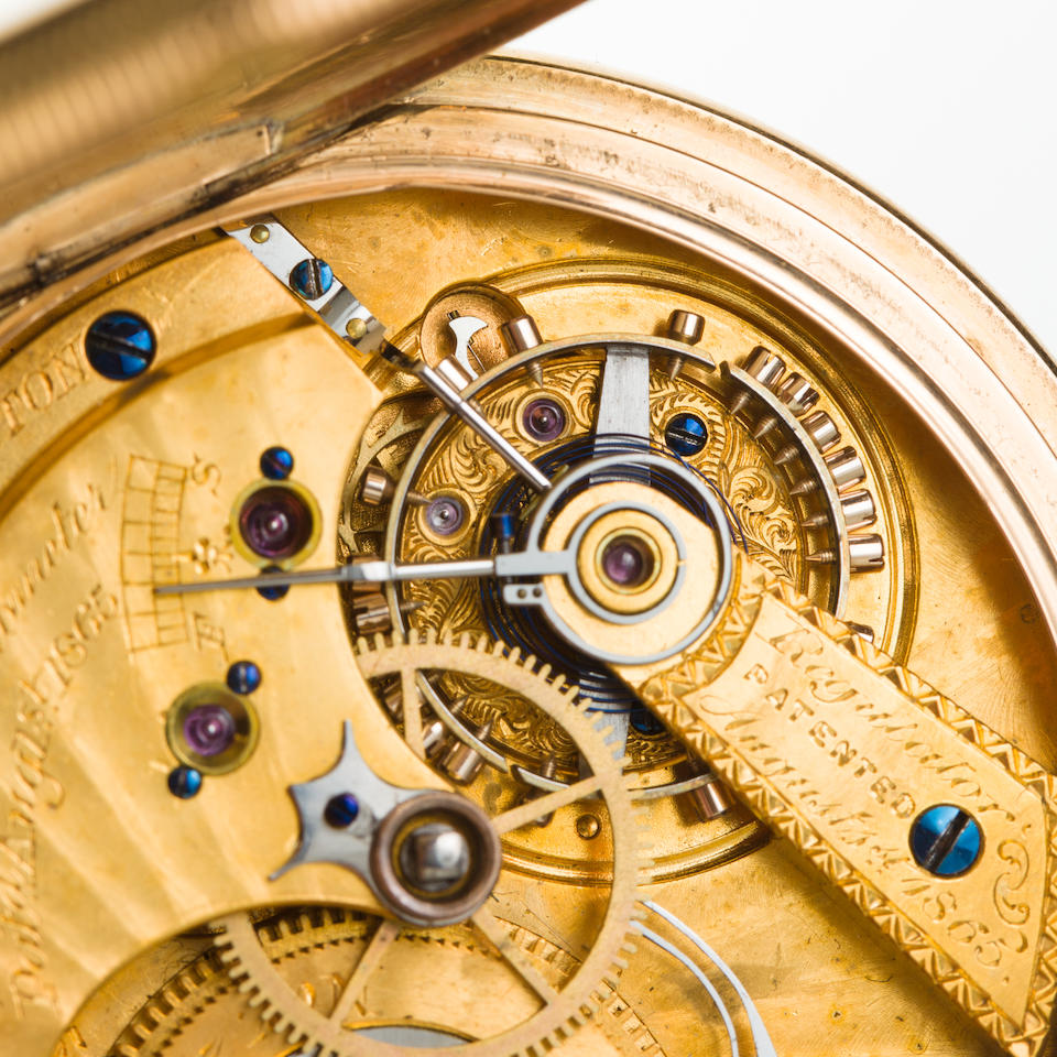 George P. Reed. A highly innovative 14K gold open face chronometerNo. 5, signed "Improved Chronometer Pat'd Aug. 1, 1865"