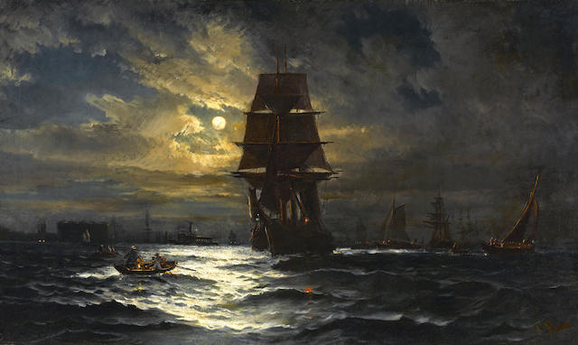 Frederick Rondel (American, 1826-1892) Ships in New York Harbor at Night 29 1/2 x 49 1/2in