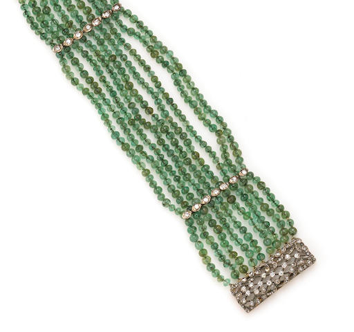 Bonhams : An antique emerald bead and diamond multi-strand bracelet,