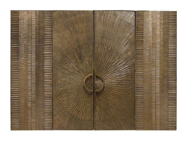 A pair of Billy Joe McCarroll and David Gillespe "Heroic Sunburst" bronze and walnut doors with conforming side panels circa 1970