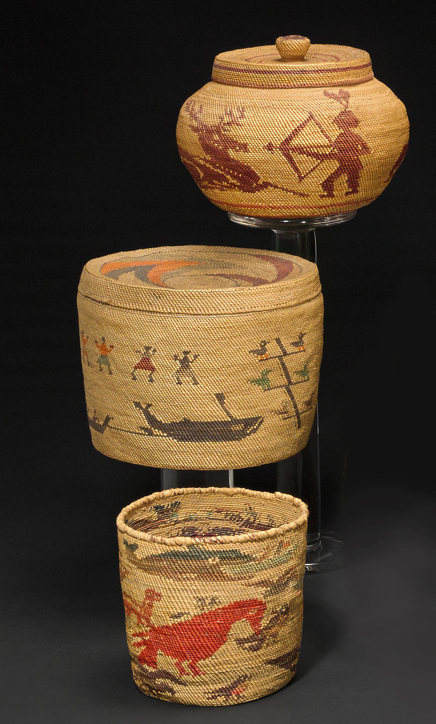 Three Makah polychrome baskets