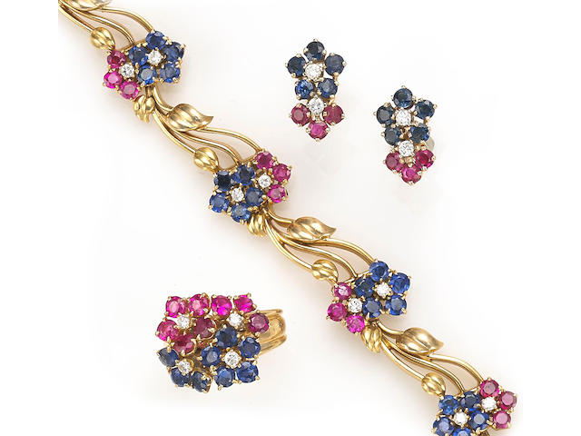 A pink and blue sapphire and diamond Hawaii bracelet together with a matching ring, Van Cleef & Arpels, accompanied by a coordinating pair of fourteen karat gold earrings