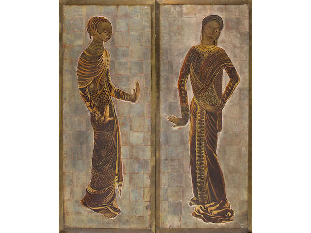 A pair of Jean Dunand silver-leaf and lacquered-wood panels Women of Asia (variant), circa 1931