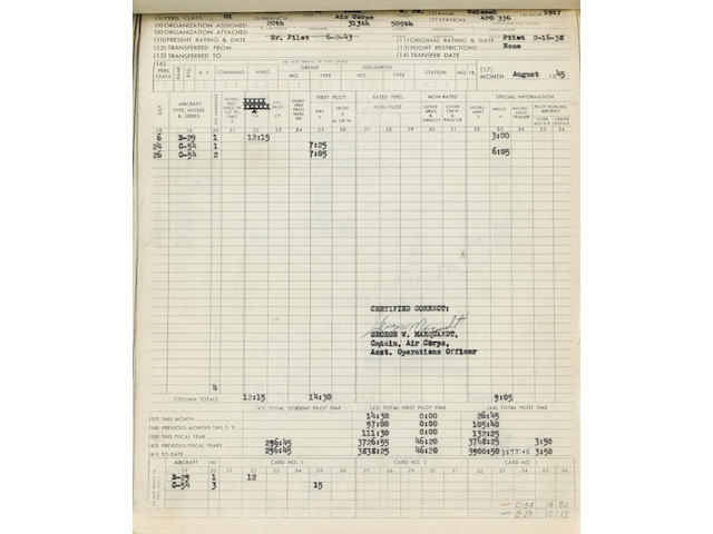 Flight log of Brigadier General Paul W. Tibbets, pilot of the Enola Gay Typed Carbon Signed ("Paul W. Tibbets, Jr.") 10 times, 518 pp recto and verso, legal folio and 4to,