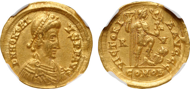 Western Roman Empire, Honorius, (AD 393-423), AV solidus, Choice XF 5/5 - 4/5 NGC, Clipped Flan