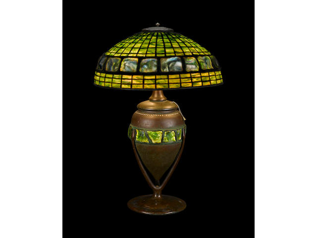 A Tiffany Studios Turtleback Tile, Favrile glass and patinated bronze Banded Turtleback Tile table lamp 1899-1918