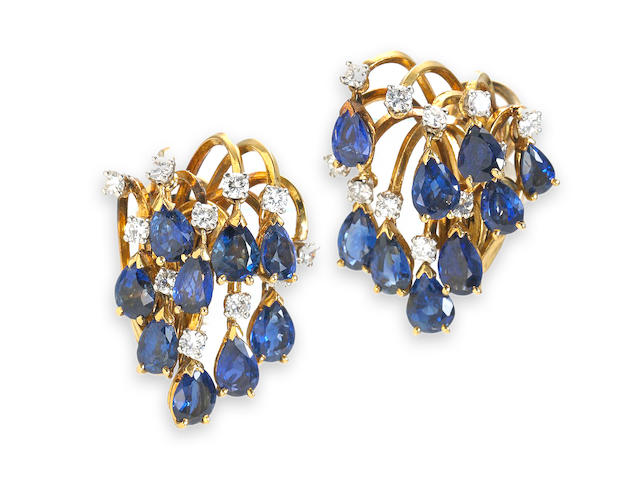 A pair of sapphire and diamond spray earclips, Marchak, Paris