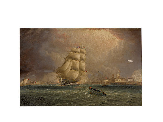 James Edward Buttersworth (British/American, 1817-1894) A British ship of the line firing a salute while departing Portsmouth Harbour 8-1/2 x 13-1/2 in. (21.5 x 34.2 cm.)