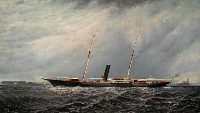 Elisha Taylor Baker (American, 1827-1890) The yacht Stranger of the New York Yacht Club off Execution Lighthouse 24 x 42 in. (60.9 x 106.6 cm.)
