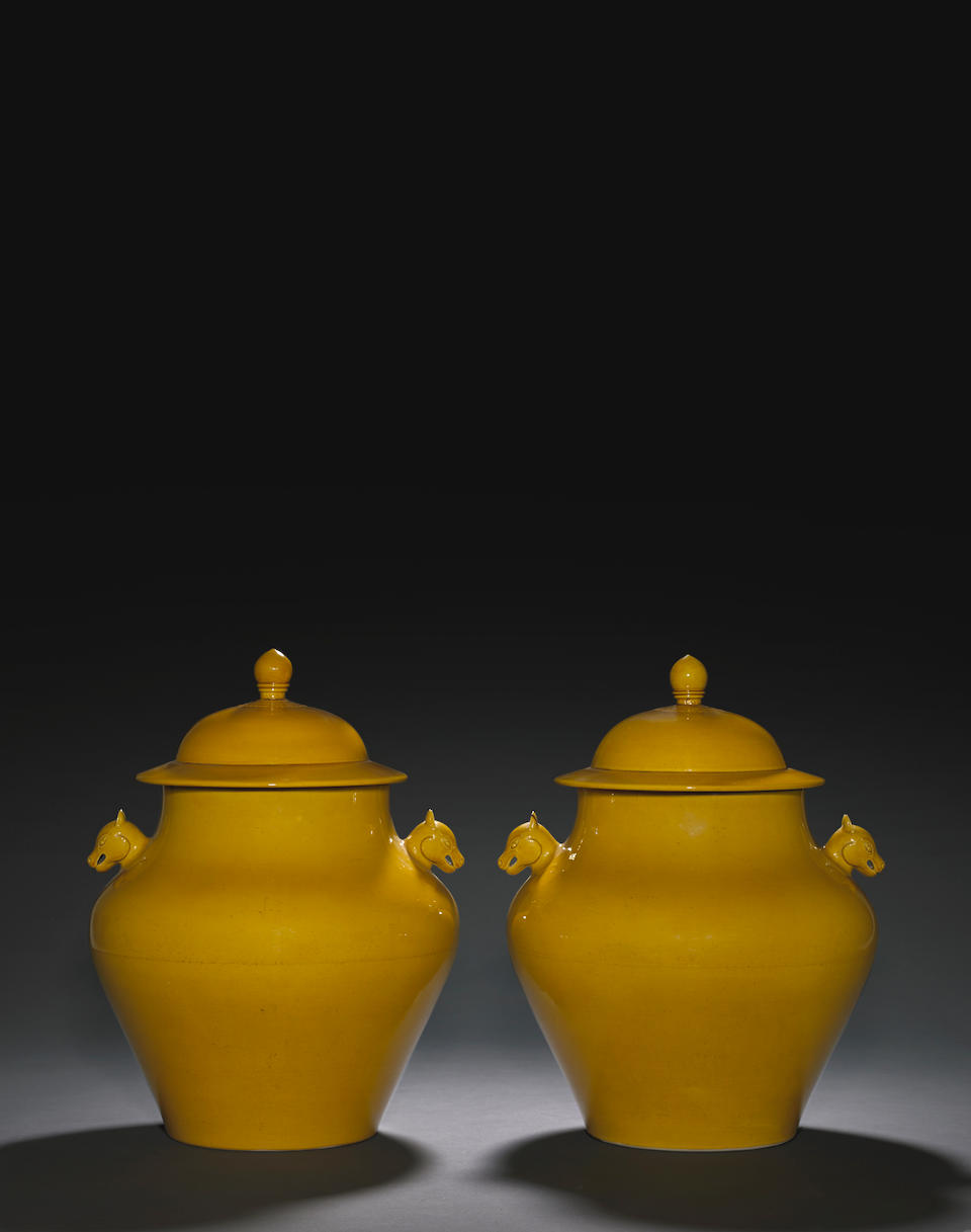 A pair of yellow glazed covered jars Qianlong marks, Guangxu period
