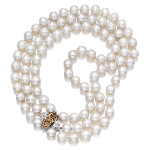Bonhams : A colored diamond, diamond and cultured pearl necklace
