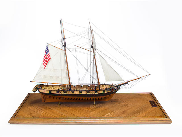 An exhibition standard model of the American brig Boxer circa 1990 or later. 48 x 25 x 61-1/2 in. (121.9 x 63,5 x 156.2 cm.), cased dimensions on stand. 2