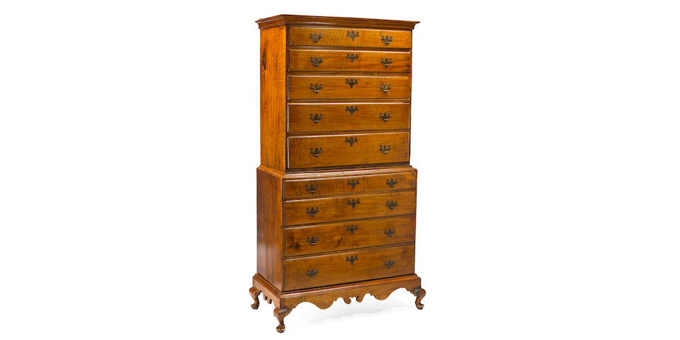 A Queen Anne tiger maple chest on chest on frame New England third quarter 18th century (upper and lower case by association)