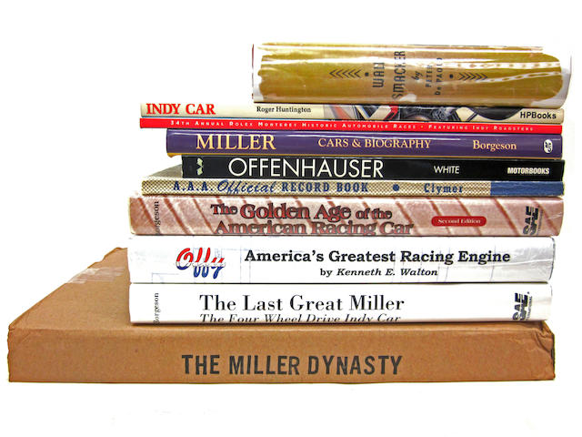 A book lot focusing on early American single-seater and Indianapolis racing, featuring titles on Harry Miller and the Miller racing cars as well as Offenhauser engines,