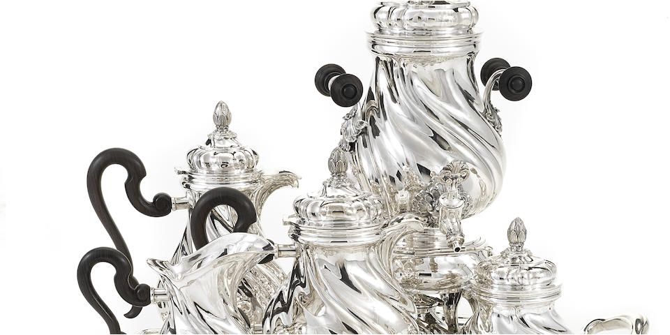 An Italian  sterling silver five-piece tea and coffee service with matching two-handled tray by Pradella Ilario for Buccellati, Milan,  20th century