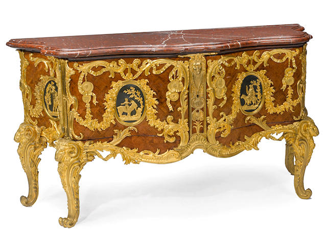 A good Louis XV style gilt bronze mounted marquetry commode a medaillier late 19th century