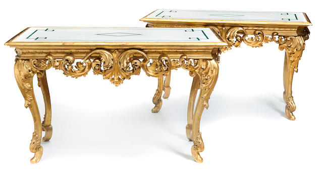 A pair of Italian Rococo style carved giltwood center tables late 19th century