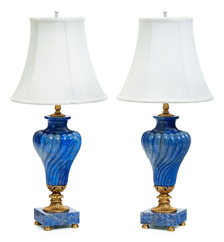 A pair of R&#233;gence style gilt bronze mounted lapis table lamps