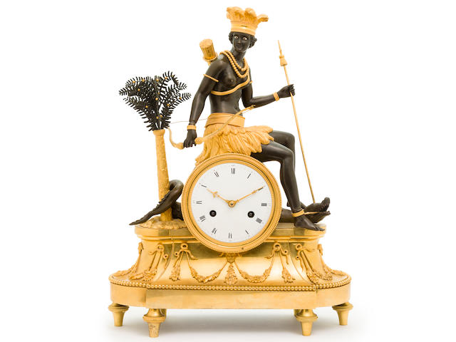 A fine Directoire patinated and gilt bronze allegorical mantel clock with figure personifying America first quarter 19th century