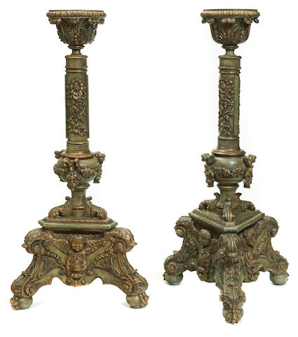 A pair of Continental Baroque style parcel gilt and paint decorated pedestals