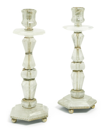 A pair of Neoclassical style silvered metal and rock crystal candlesticks image 1