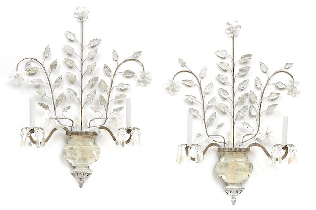 A pair of Neoclassical style rock crystal and silvered metal two light wall sconces image 1