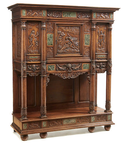 A Continental Renaissance Revival marble inset carved walnut cabinet late 19th century