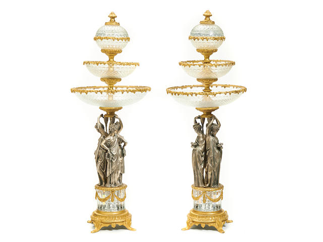 An imposing pair of gilt and silvered bronze cut glass centerpieces
