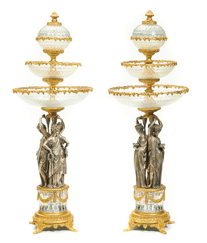 An imposing pair of gilt and silvered bronze cut glass centerpieces