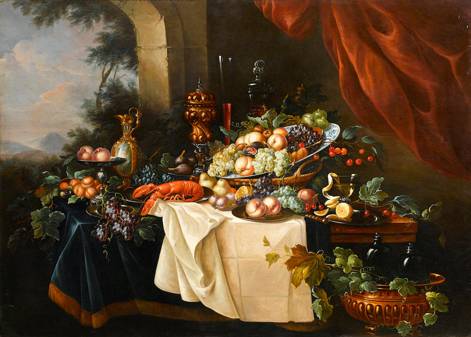 Continental School, 20th Century A still life of fruit, lobster and vessels on a table and a landscape beyond; also a companion painting (a pair) each 51 x 70 3/4in (129.5 x 179.7cm)