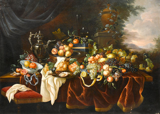 Continental School, 20th Century A still life of fruit, lobster and vessels on a table and a landscape beyond; also a companion painting (a pair) each 51 x 70 3/4in (129.5 x 179.7cm)