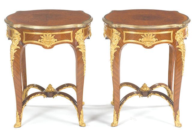 A good pair of Louis XV style gilt bronze mounted marquetry gueridonslate 19th/early 20th century