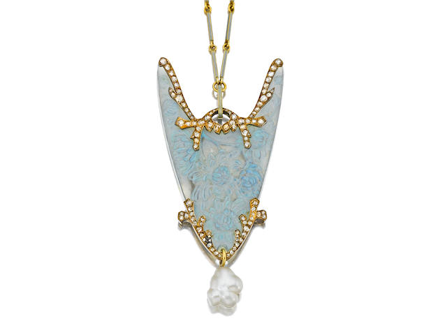 An art nouveau glass, baroque pearl, diamond and enamel pendant necklace, Ren&#233; Lalique,