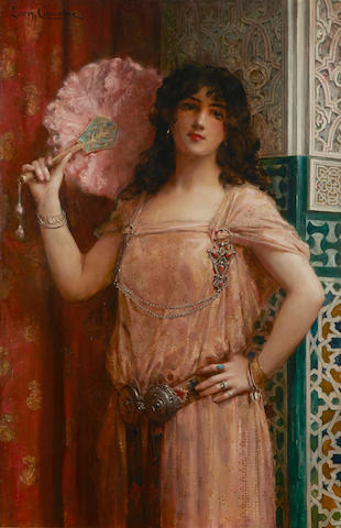 L&#233;on Fran&#231;ois Comerre (French 1850-1916) A harem beauty holding a pink fan 46 3/4 x 30 1/2in (119 x 77.5cm)