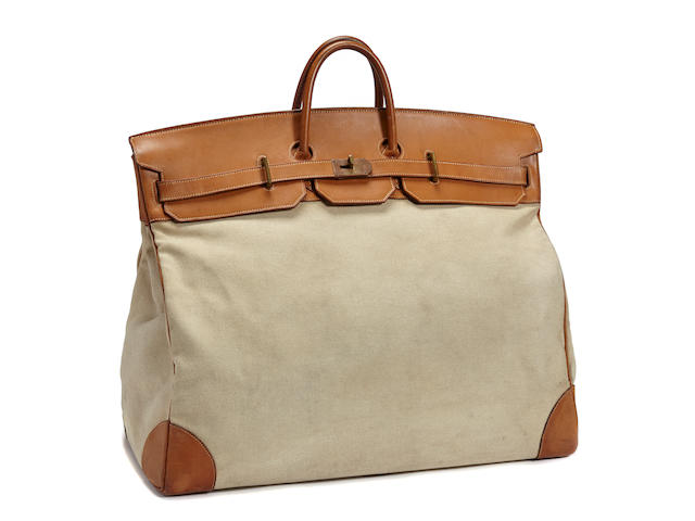 An Herm&#232;s tan canvas and leather HAC Travel Birkin bag