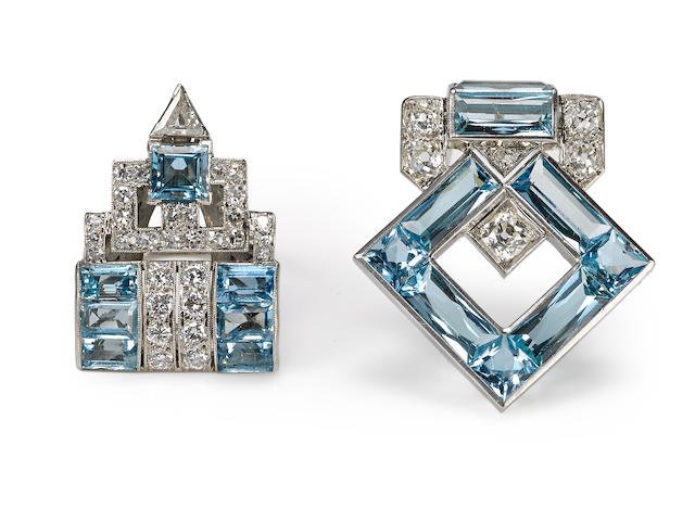 An art deco aquamarine and diamond brooch, Cartier, together with a coordinating aquamarine and diamond ring