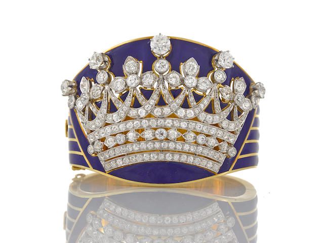 An enamel and diamond crown motif bangle bracelet
