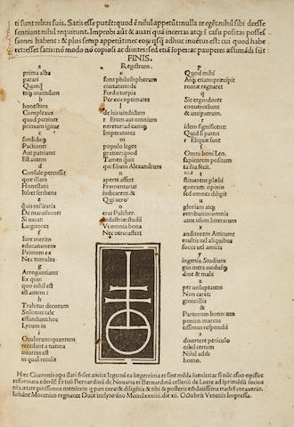CICERO, MARCUS TULLIUS. De officiis. Venice: Bernardinus Rizus, Novariensis and Bernardinus Celerius, October 12, 1484.