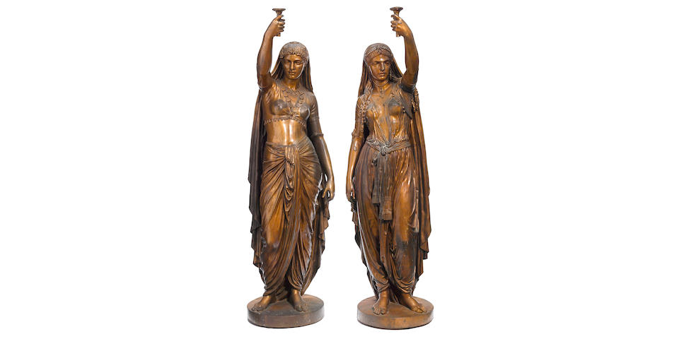 A magnificent pair of French bronze figural torch&#232;res: Deux Femmes, Indienne et Persane after a model by &#201;mile Coriolan Hippolyte Guillemin (French, 1841-1907) F. Barbedienne foundry, Paris circa 1872