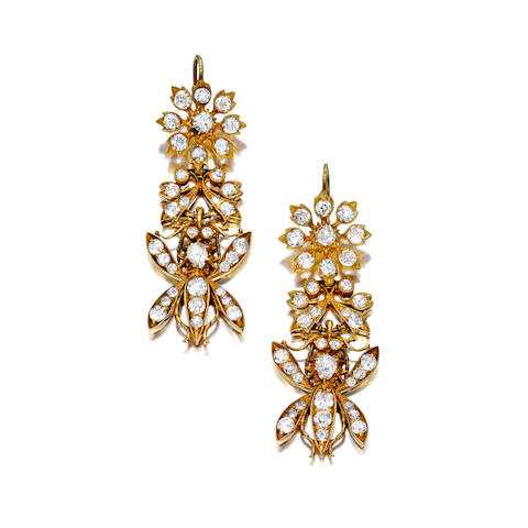 Bonhams : A pair of diamond pendant earrings