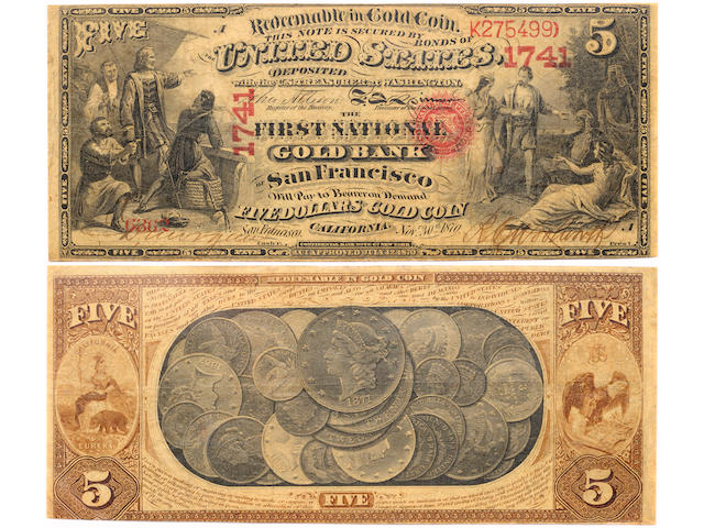 Fr. 1136, $5 Series 1870 National Gold Bank Note, First National Gold Bank, San Francisco, California, Charter # 1741, CGC VF35PQ