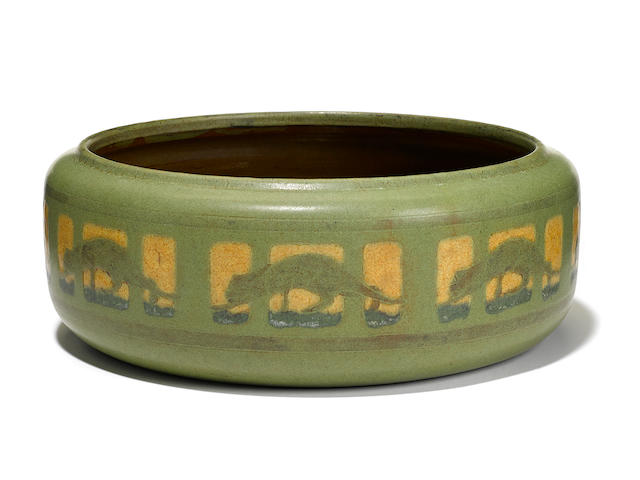 A Marblehead Pottery green glazed earthenware Panther bowl designed by Arthur Irwin Hennesey