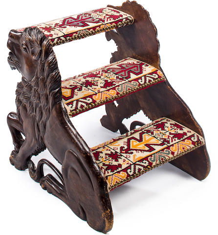 A set of Continental needlepoint upholstered lion carved walnut library steps circa 1900
