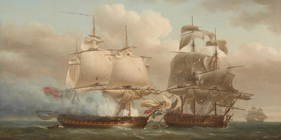 Nicholas Pocock (British, 1740-1821) The battle between the British and French frigates 22-1/4 x 32-1/2 in. (56.5 x 82.5 cm.)
